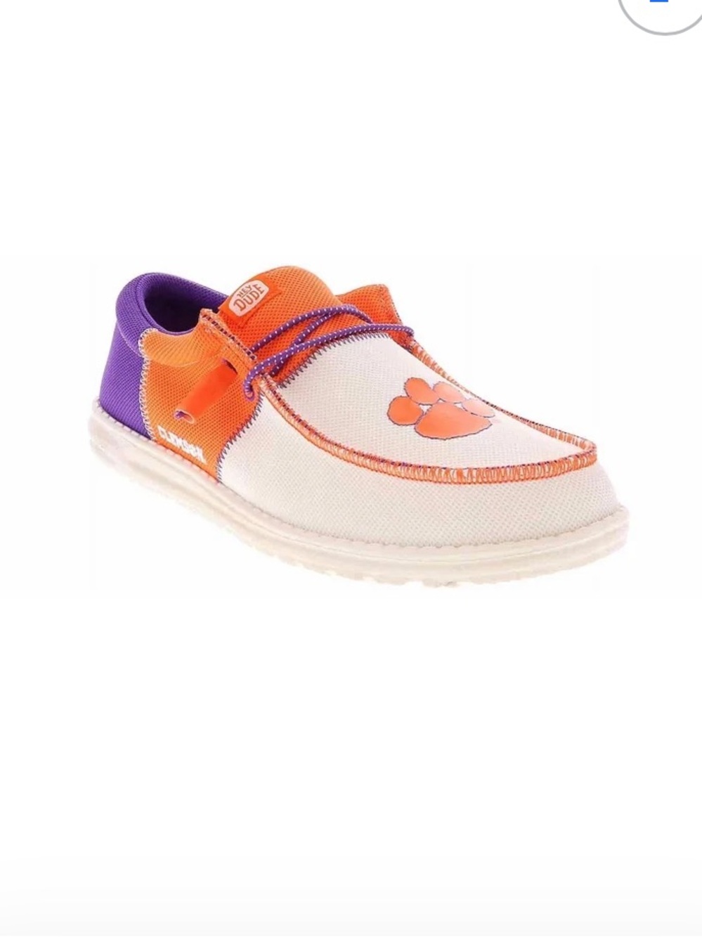 Hey Dude Wally Tri Clemson Cream Canvas Loafer with Orange Trim & Purple Heel
